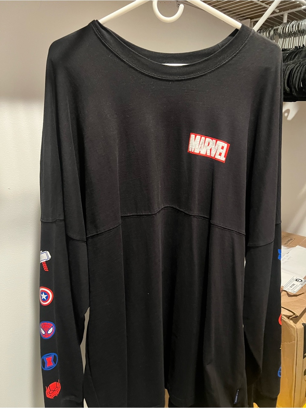 Marvel Black Long-Sleeve Graphic Tee with Red Logo and Multicolor Sleeve Icons